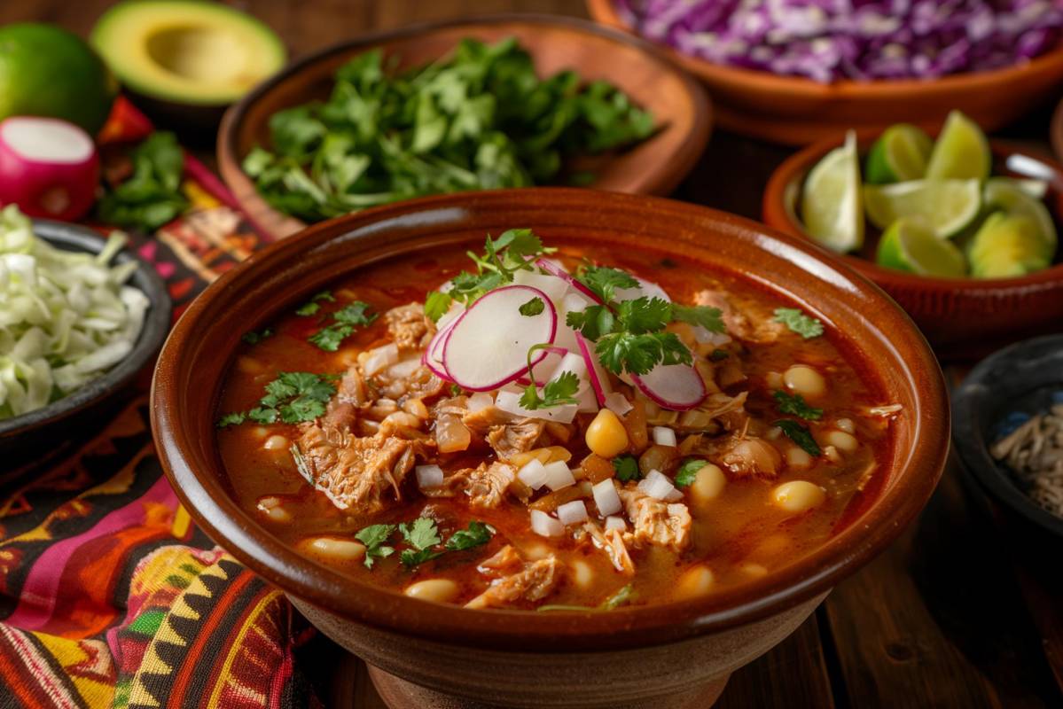 $!A cozy, homely setting featuring a large, steaming bowl of traditional Mexican pozole